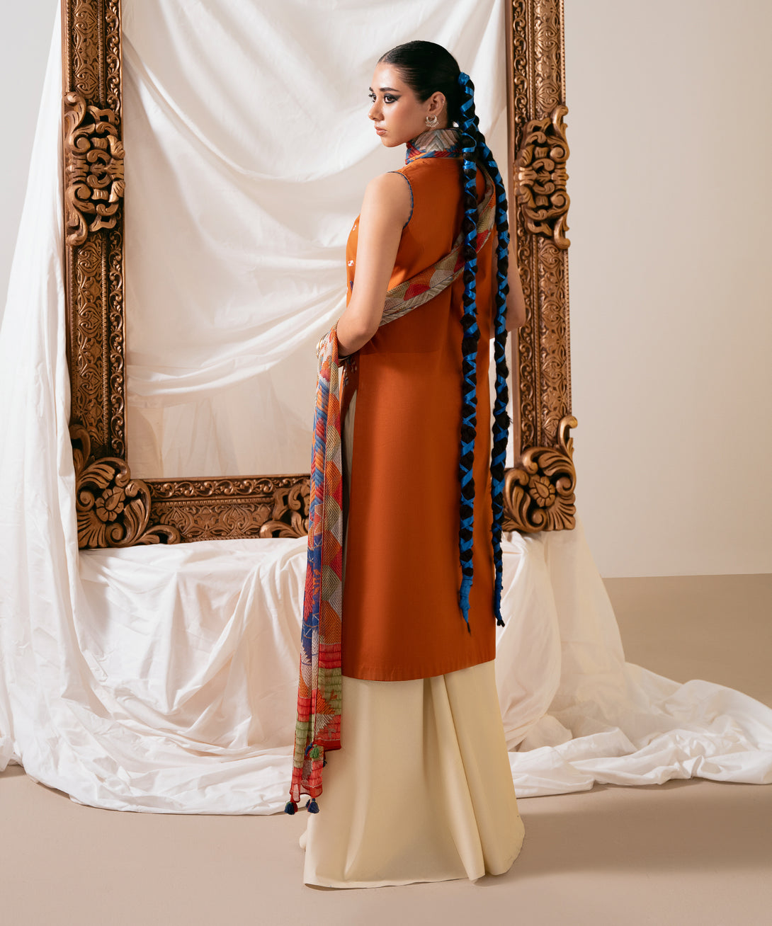 Women's Unstitched Cotton Embroidered Rust Two Piece Suit