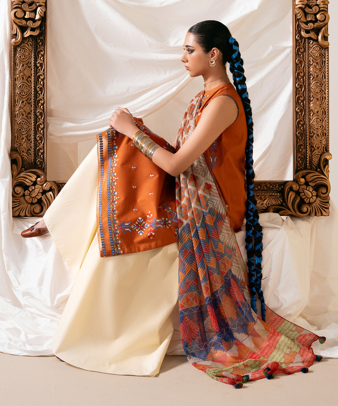 Women's Unstitched Cotton Embroidered Rust Two Piece Suit
