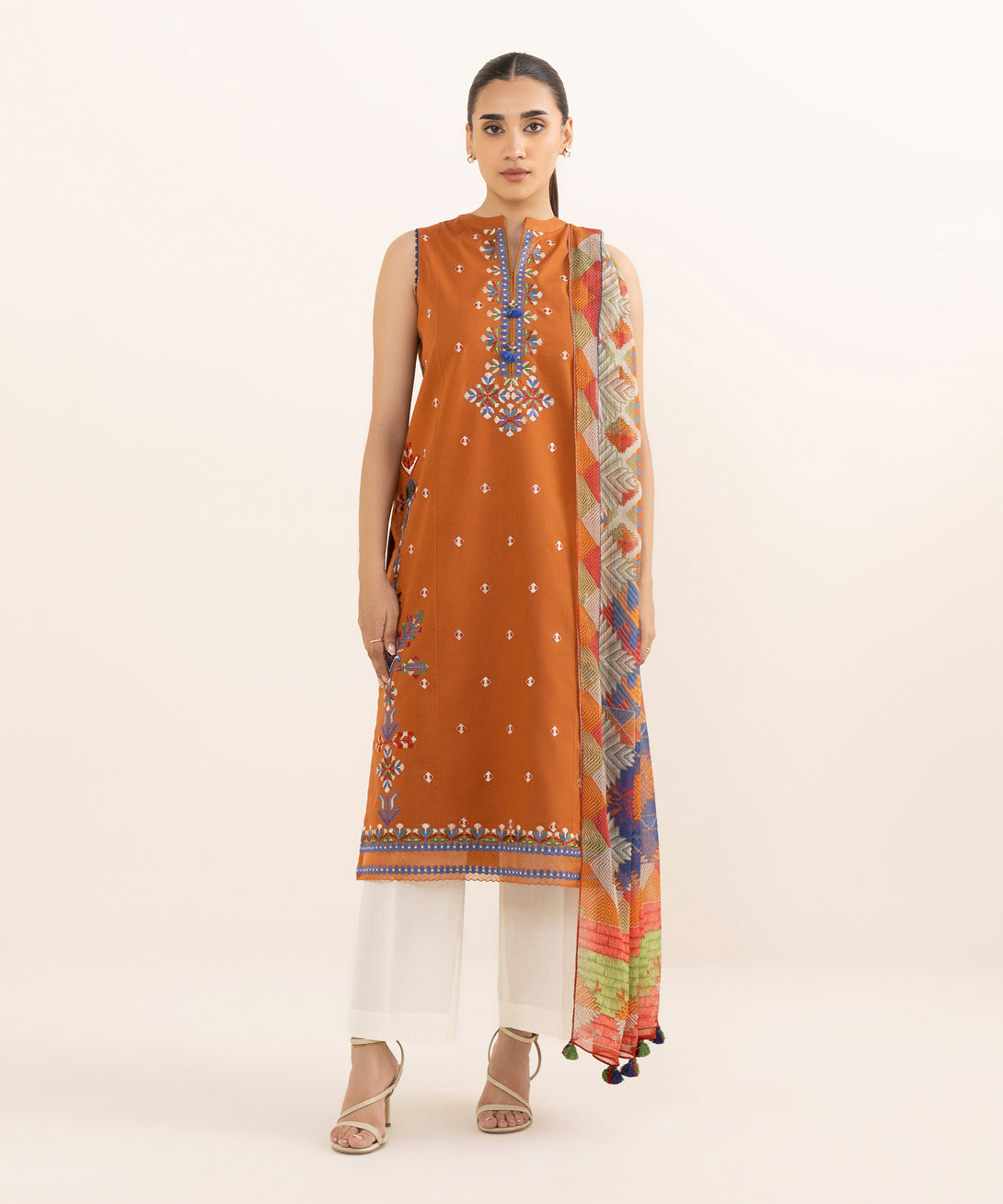 Women's Unstitched Cotton Embroidered Rust Two Piece Suit