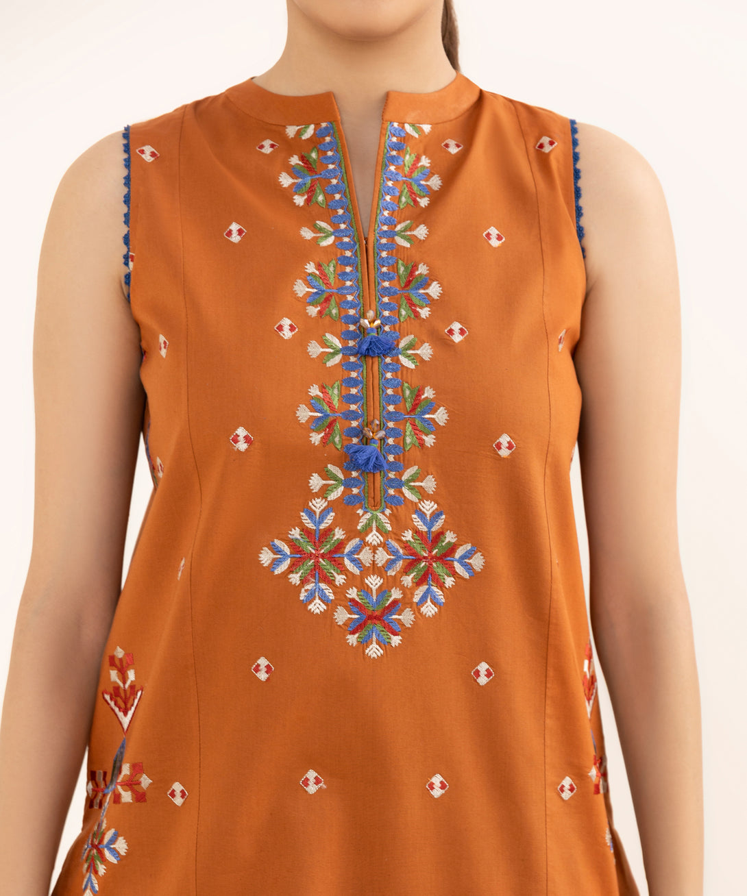 Women's Unstitched Cotton Embroidered Rust Two Piece Suit