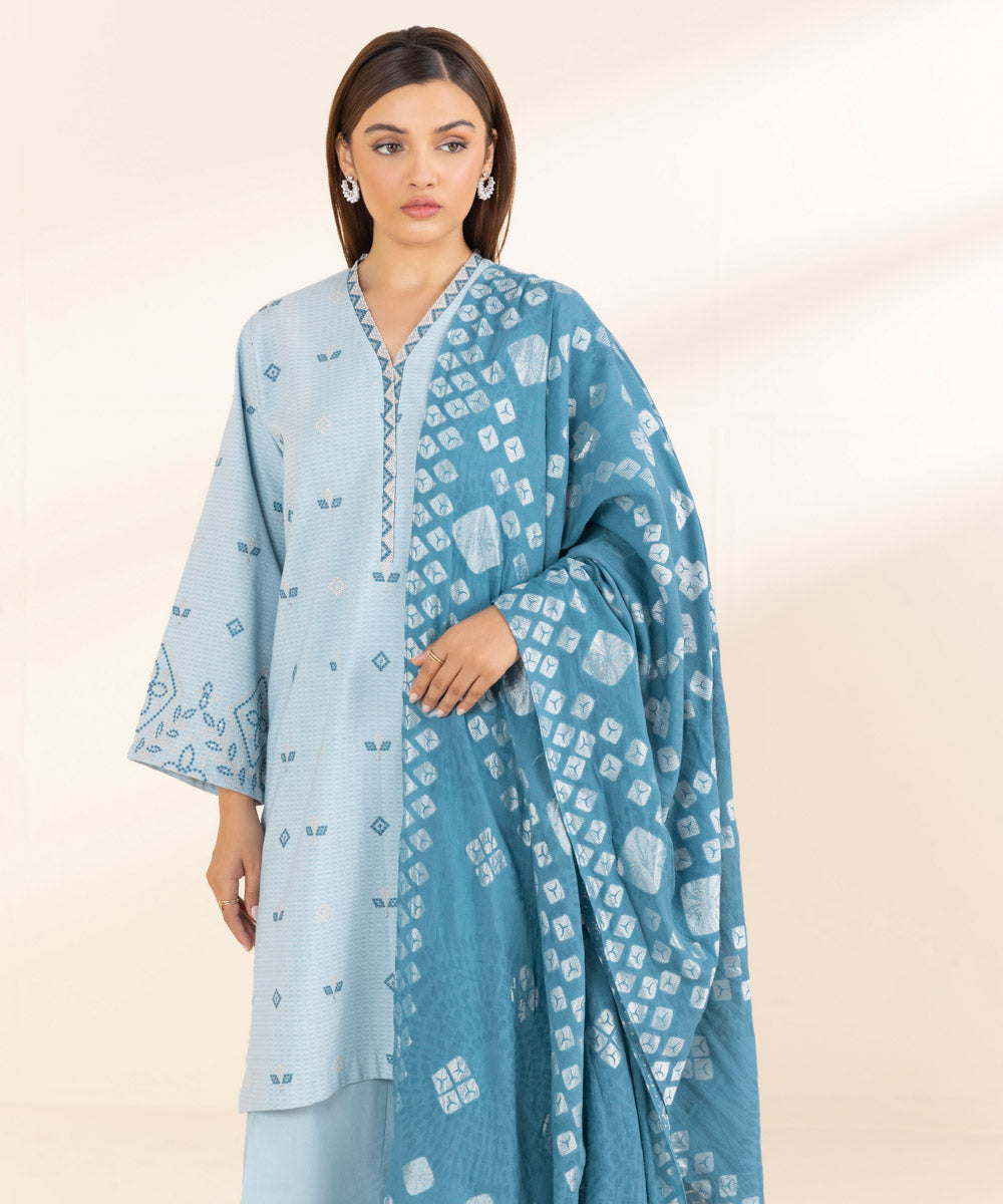 Women's Unstitched Blue Dobby 3 Piece Suit 