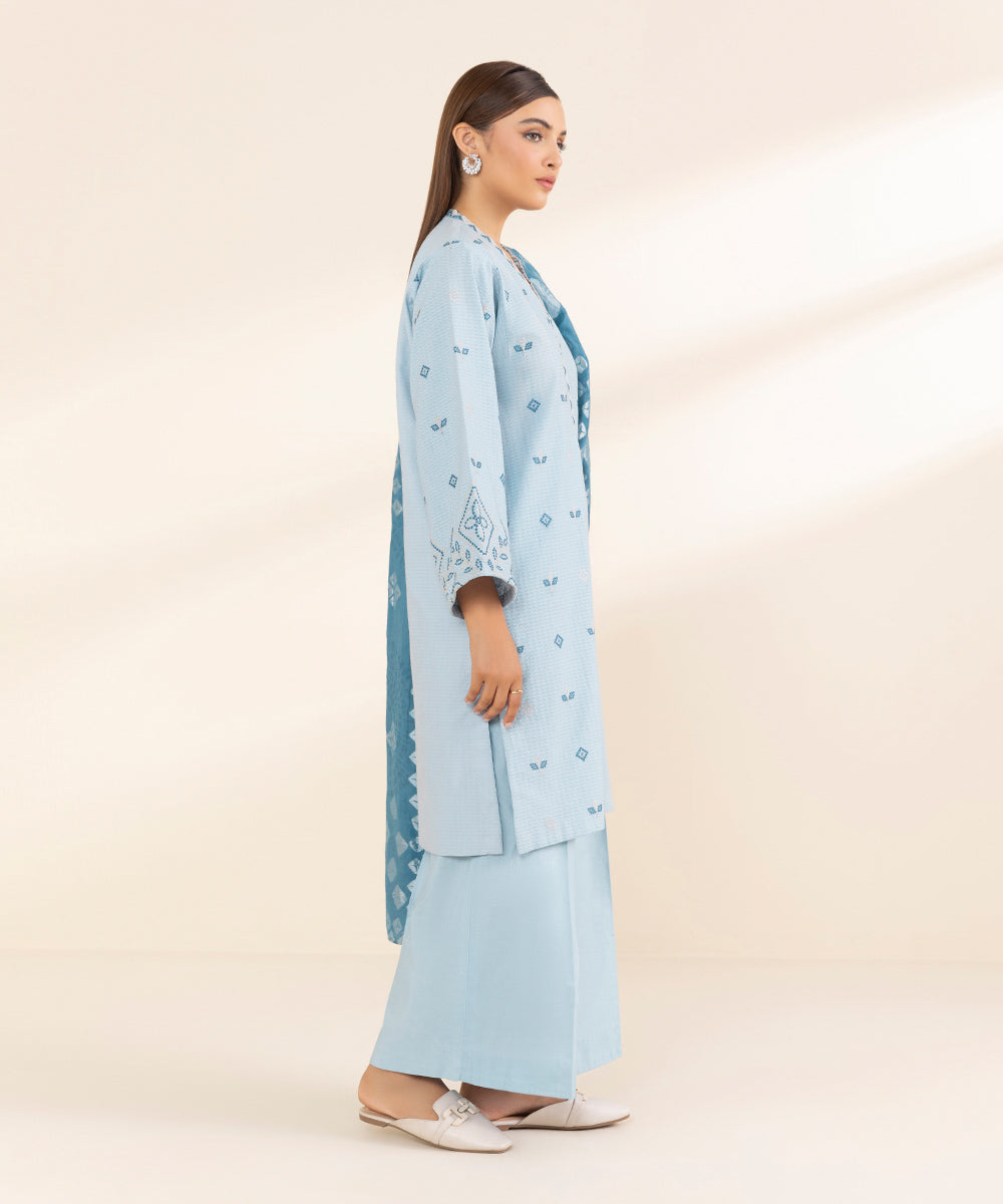 Women's Unstitched Blue Dobby 3 Piece Suit 