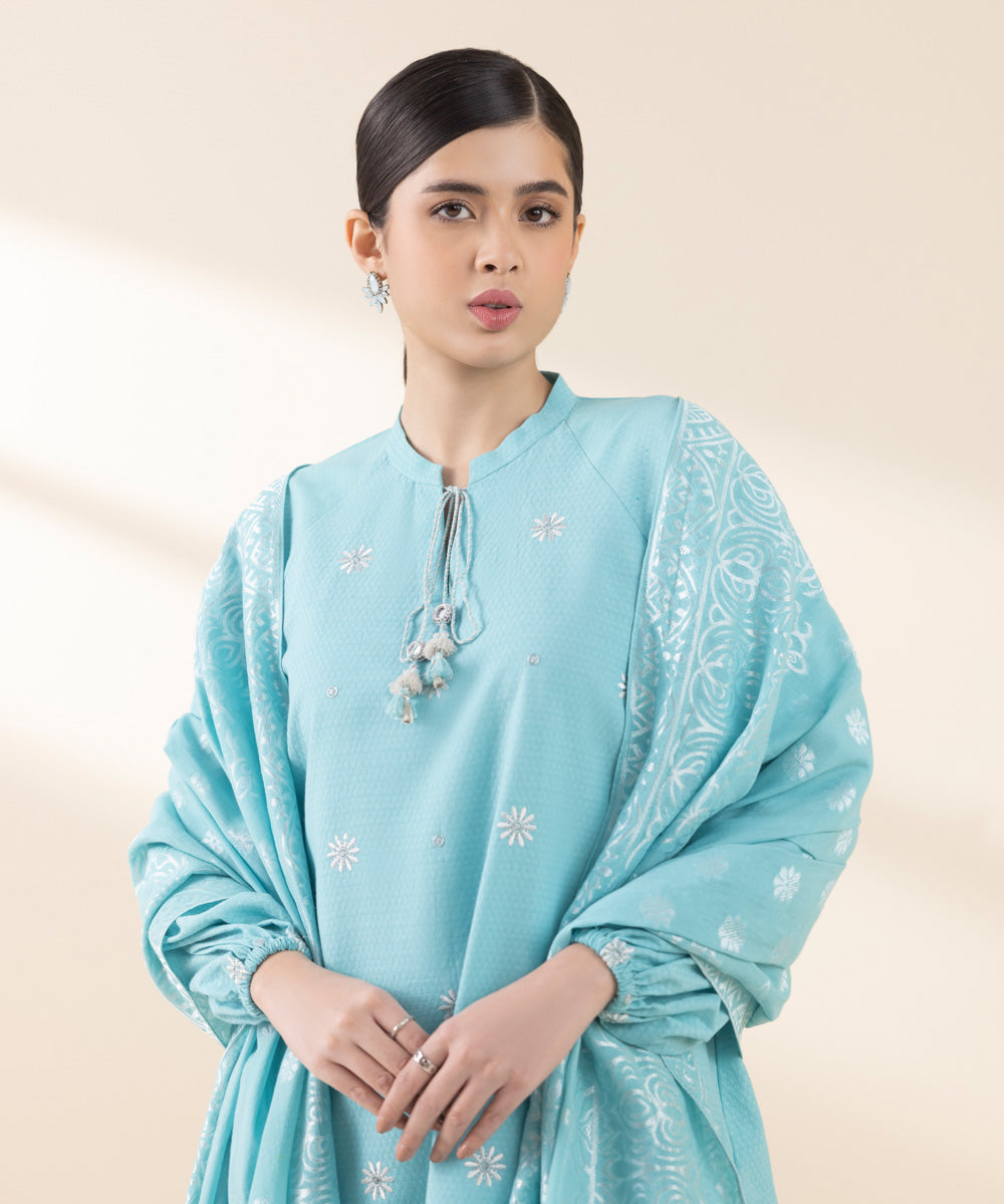 Unstitched Women's Blue Dobby Embroidered 3 Piece Suit 
