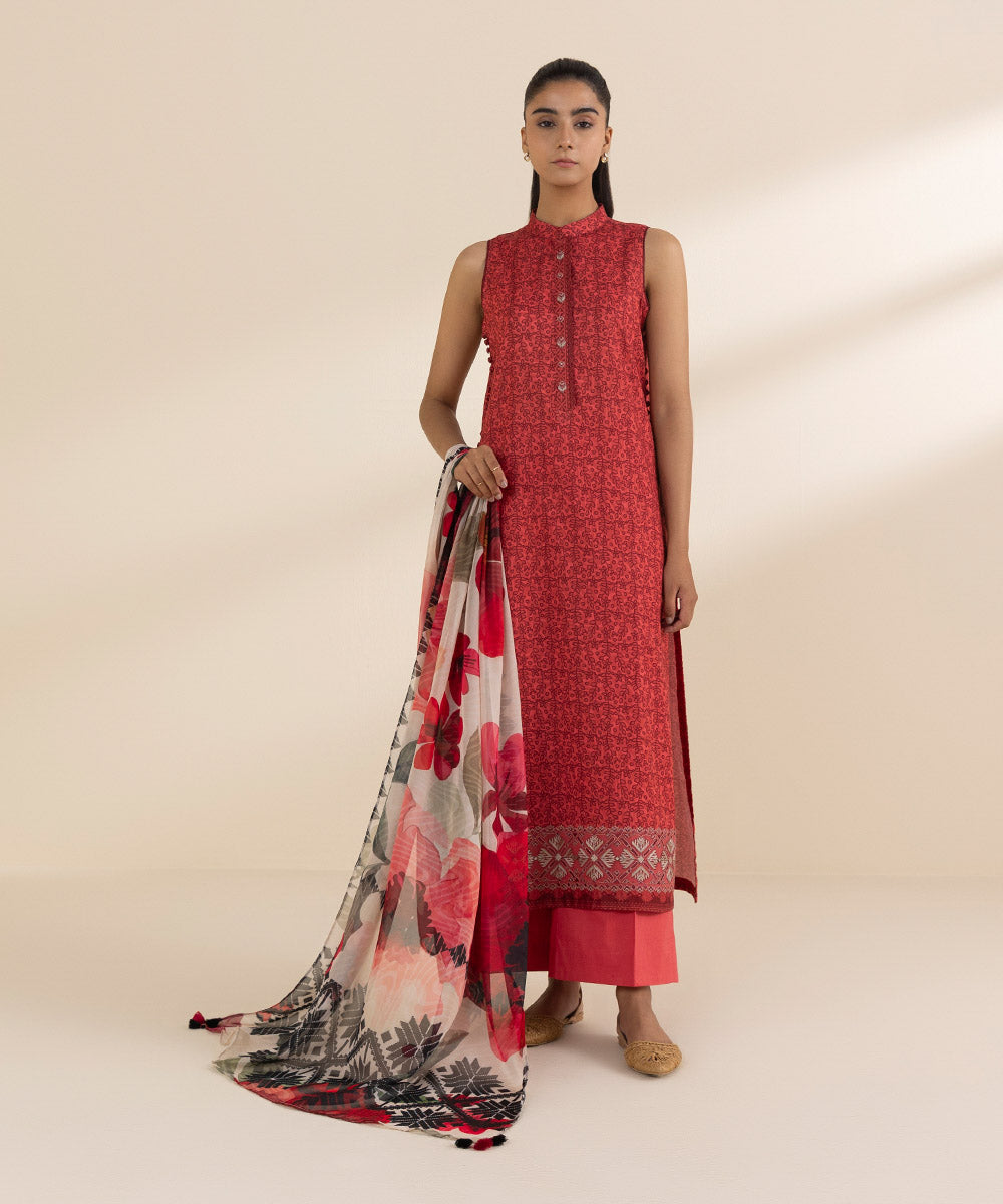 Women's Unstitched Lawn Embroidered Red 2 Piece Suit