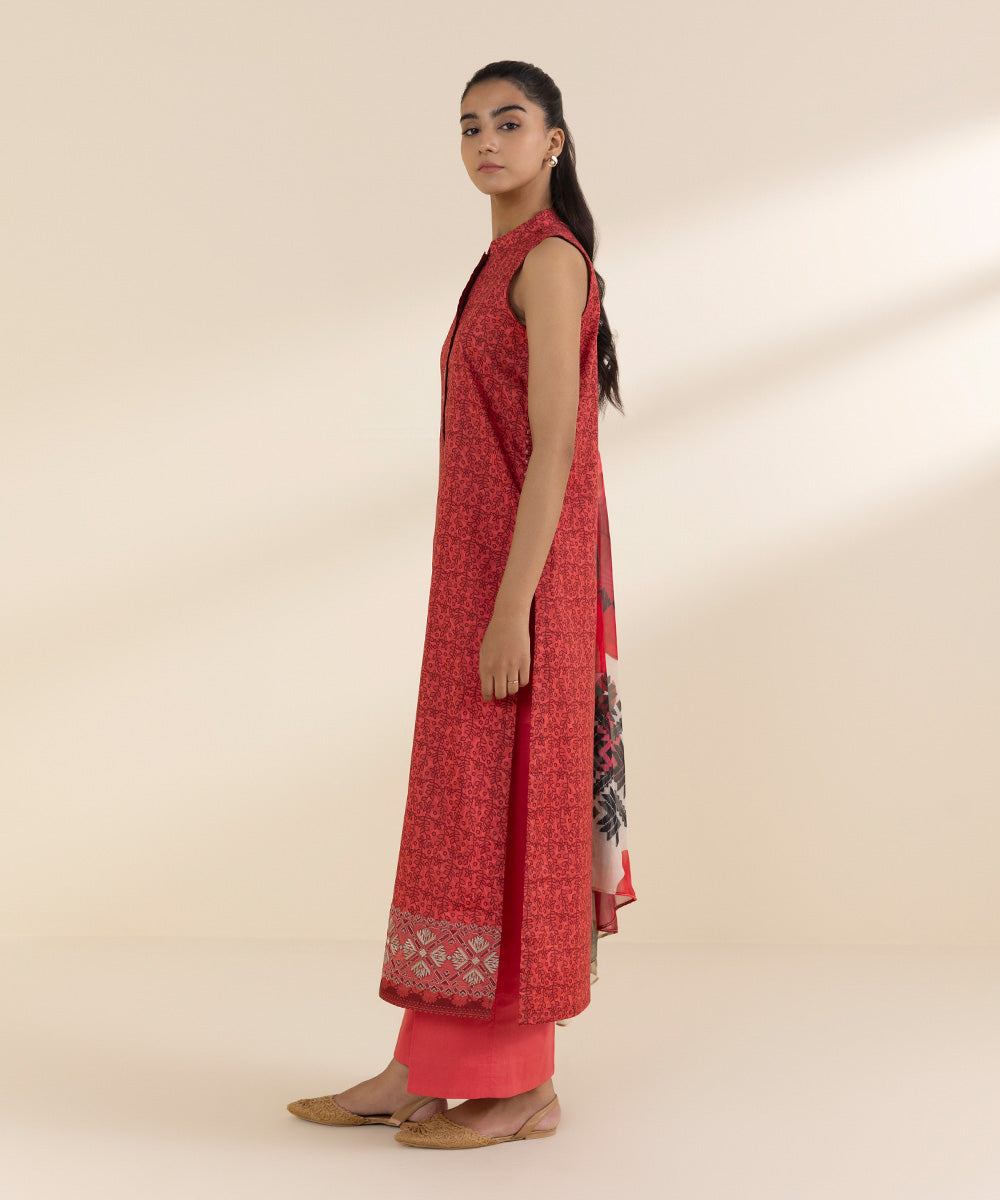 Women's Unstitched Lawn Embroidered Red 2 Piece Suit