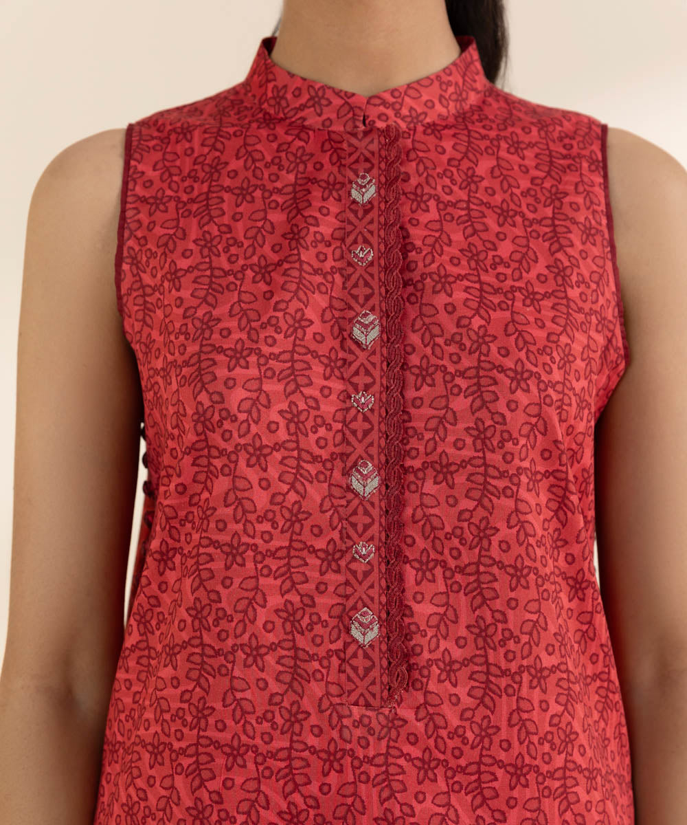 Women's Unstitched Lawn Embroidered Red 2 Piece Suit