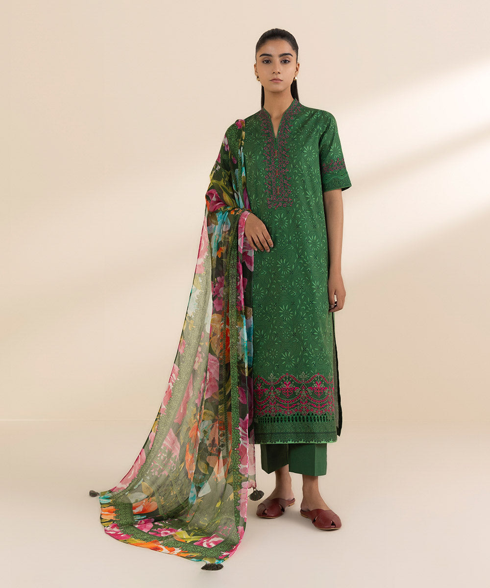 Women's Unstitched Lawn Embroidered Green 2 Piece Suit