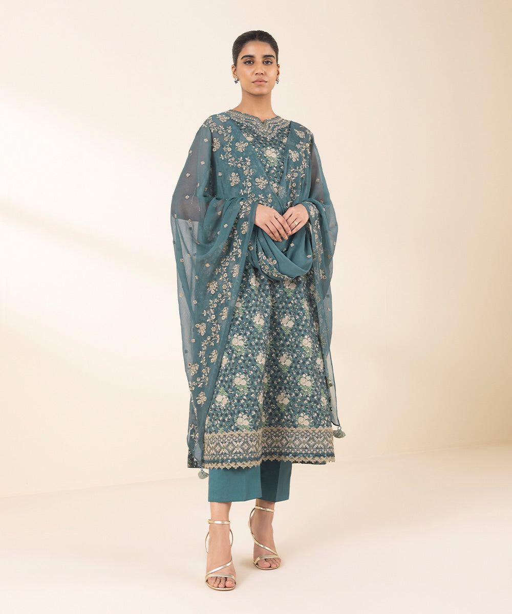 Women's Unstitched Lawn Embroidered Blue 2 Piece Suit