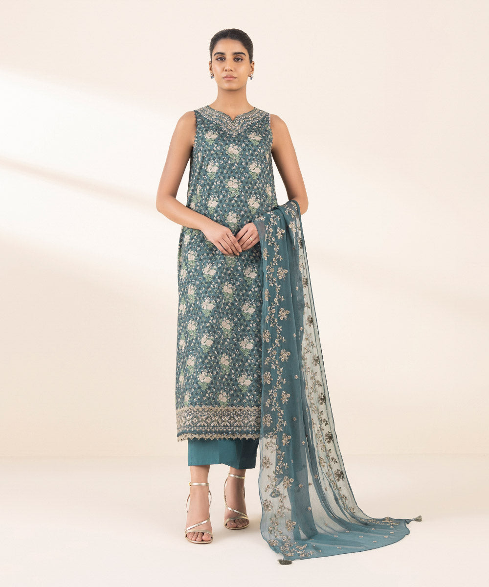 Women's Unstitched Lawn Embroidered Blue 2 Piece Suit