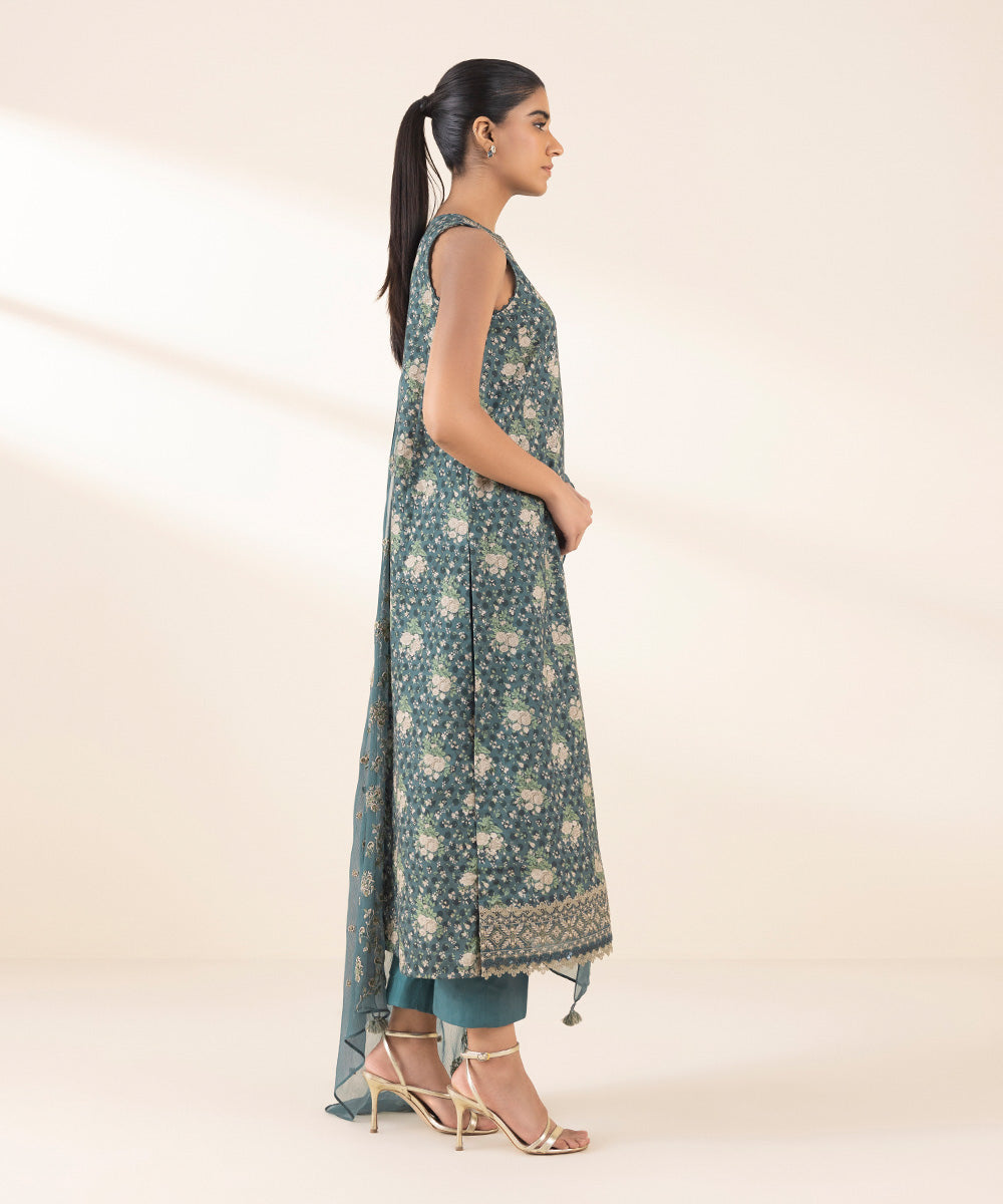 Women's Unstitched Lawn Embroidered Blue 2 Piece Suit