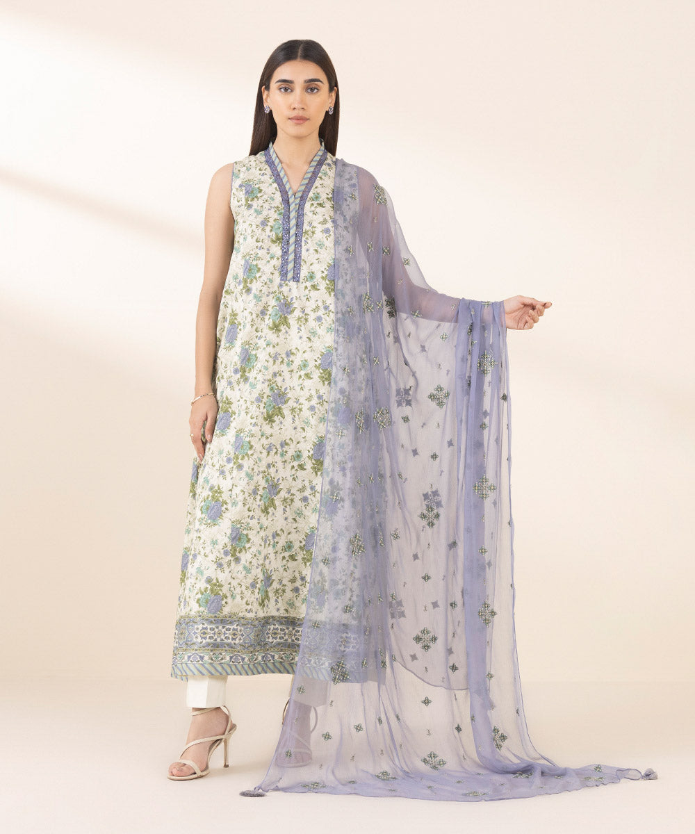 Women's Unstitched Cotton Embroidered Blue 2 Piece Suit