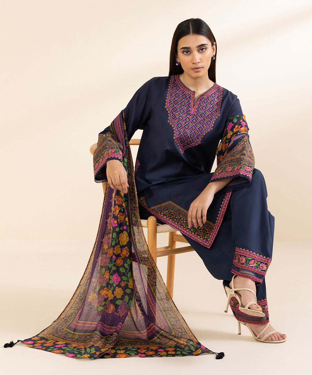 Unstitched Women's Embroidered Textured Lawn Blue Three Piece Suit 