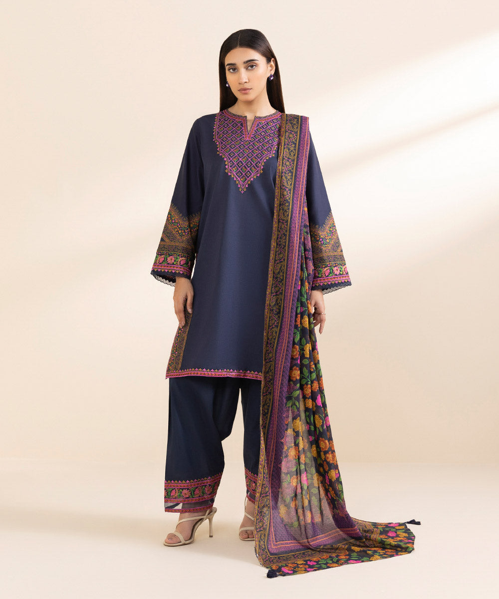 Unstitched Women's Embroidered Textured Lawn Blue Three Piece Suit 