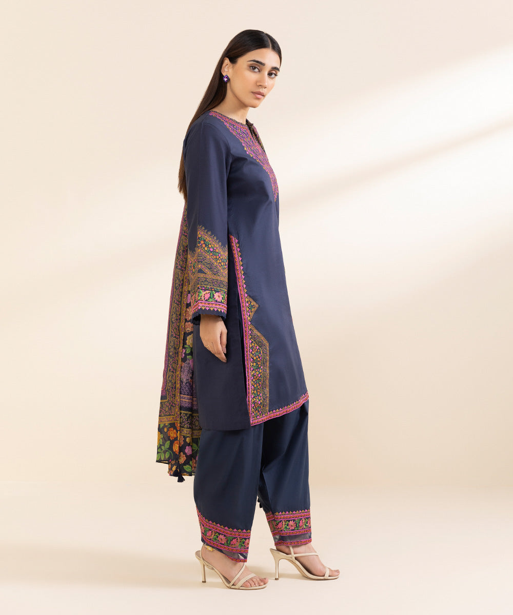 Unstitched Women's Embroidered Textured Lawn Blue Three Piece Suit 