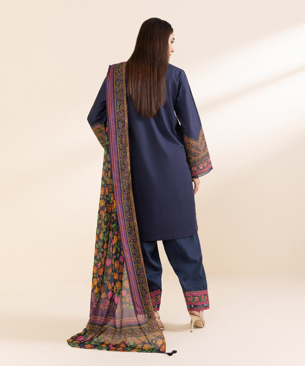 Unstitched Women's Embroidered Textured Lawn Blue Three Piece Suit 