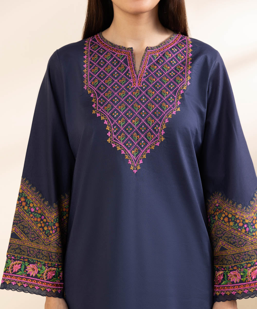 Unstitched Women's Embroidered Textured Lawn Blue Three Piece Suit 