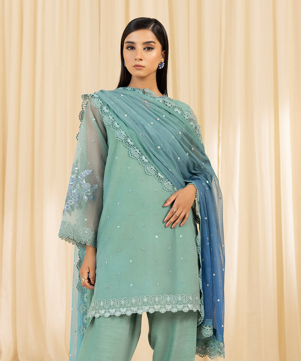 Women's Unstitched Embroidered Blended Organza Blue 3 Piece Suit