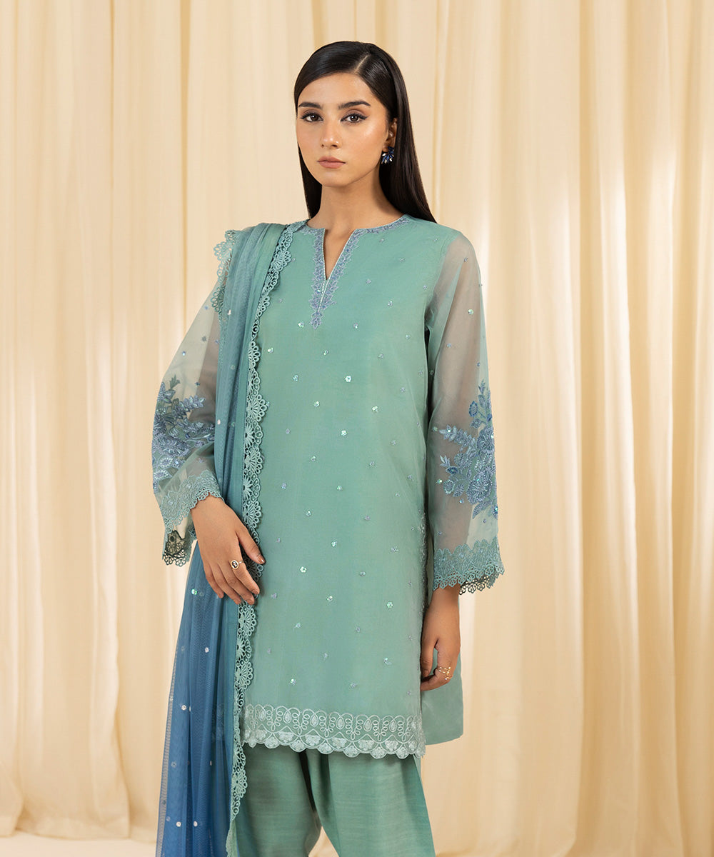 Women's Unstitched Embroidered Blended Organza Blue 3 Piece Suit