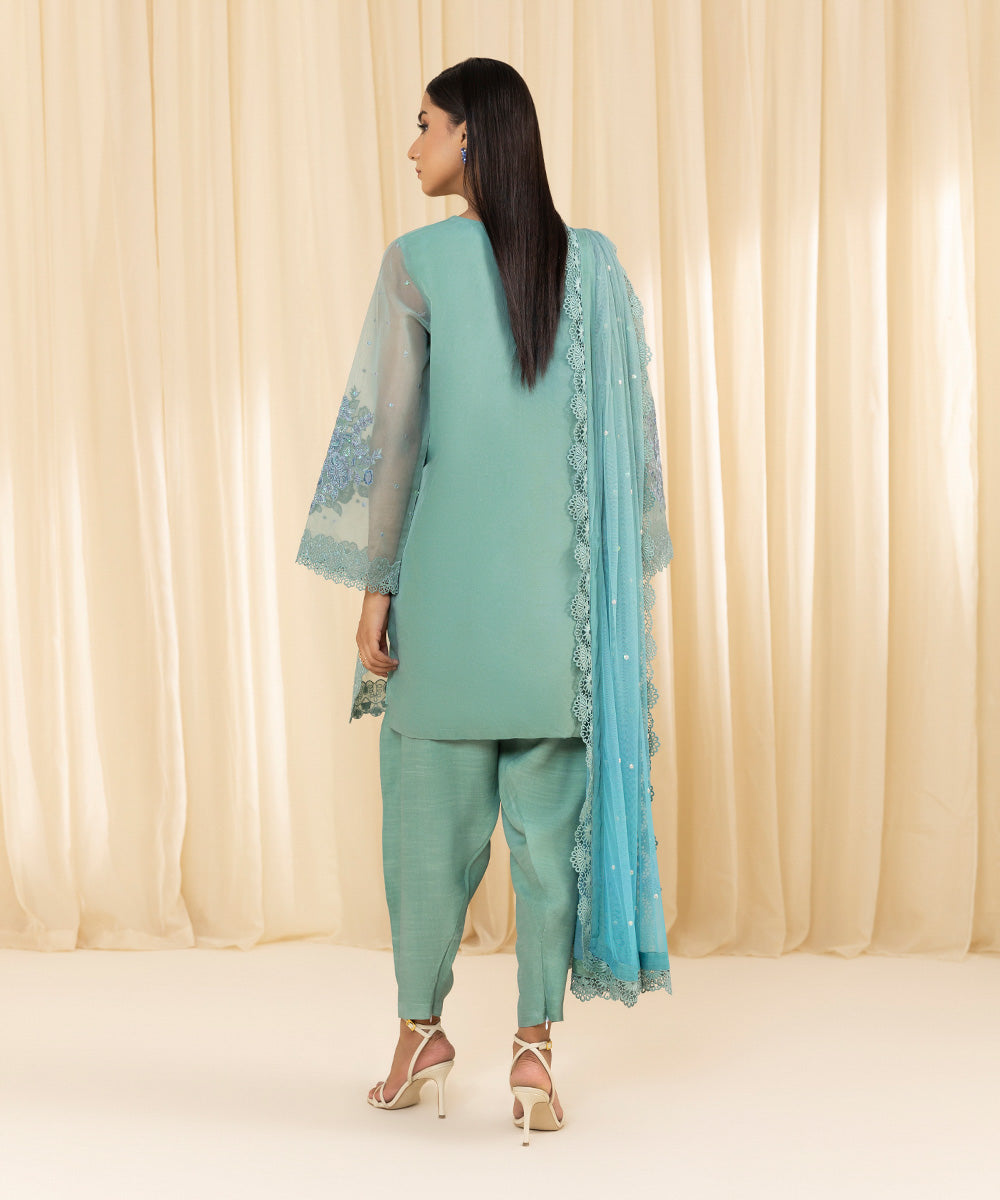 Women's Unstitched Embroidered Blended Organza Blue 3 Piece Suit