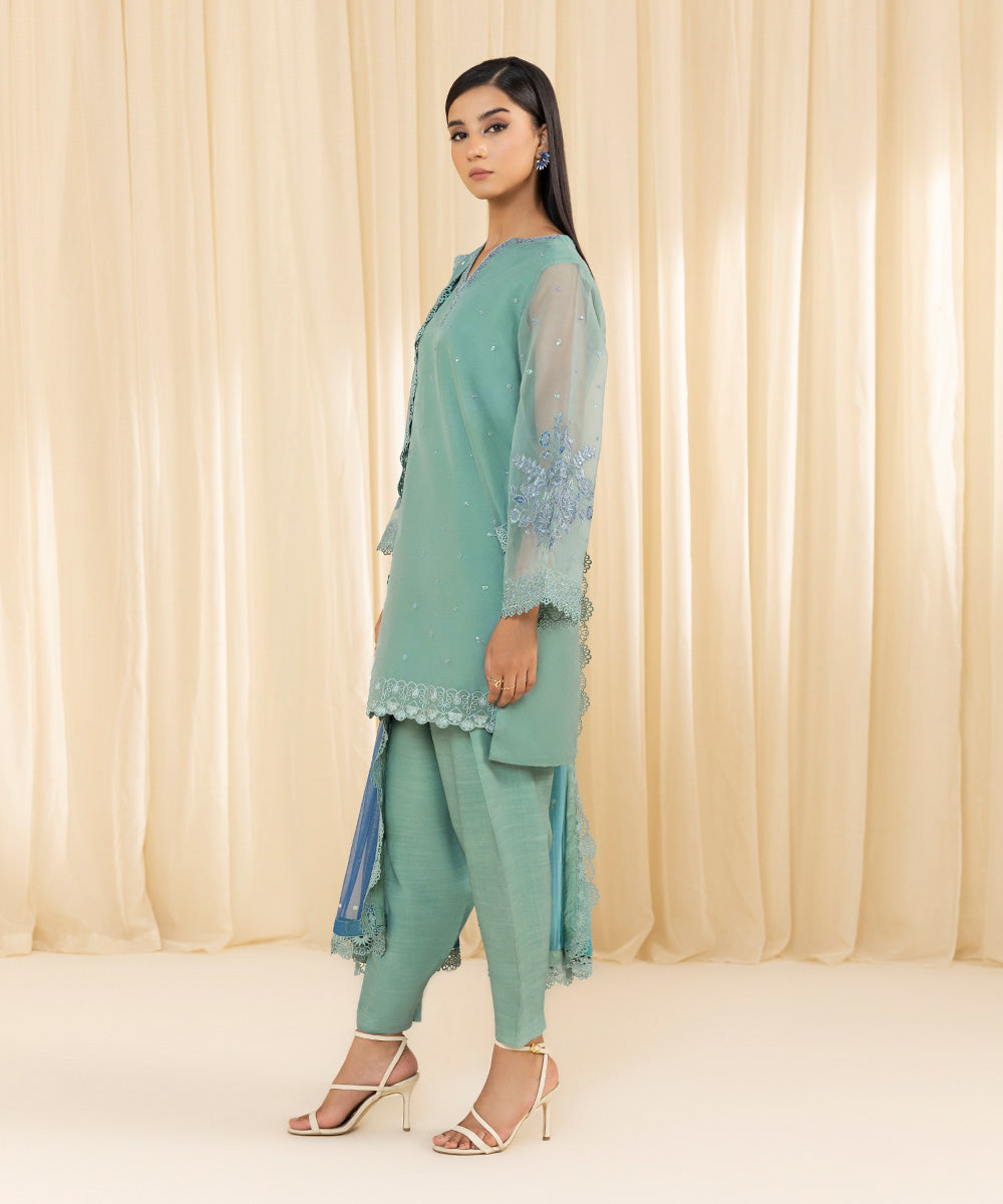 Women's Unstitched Embroidered Blended Organza Blue 3 Piece Suit