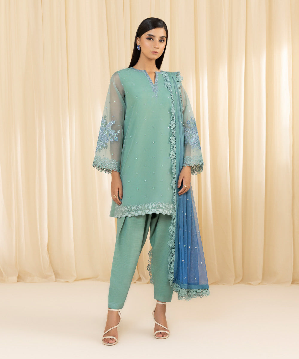 Women's Unstitched Embroidered Blended Organza Blue 3 Piece Suit