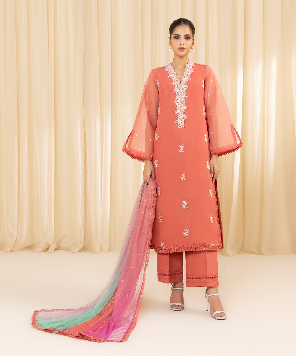 Women's Unstitched Embroidered Blended Organza Orange 3 Piece Suit