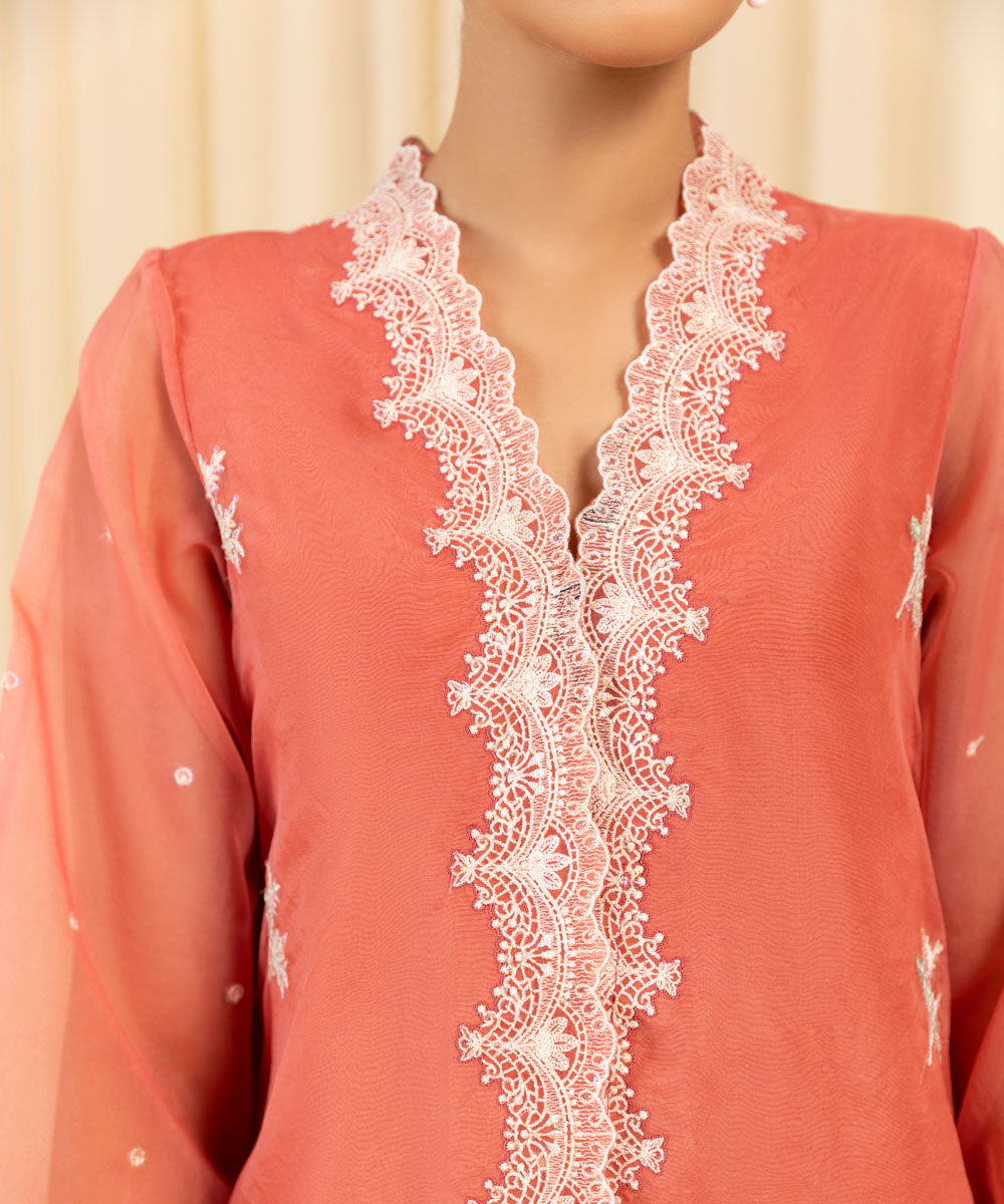 Women's Unstitched Embroidered Blended Organza Orange 3 Piece Suit