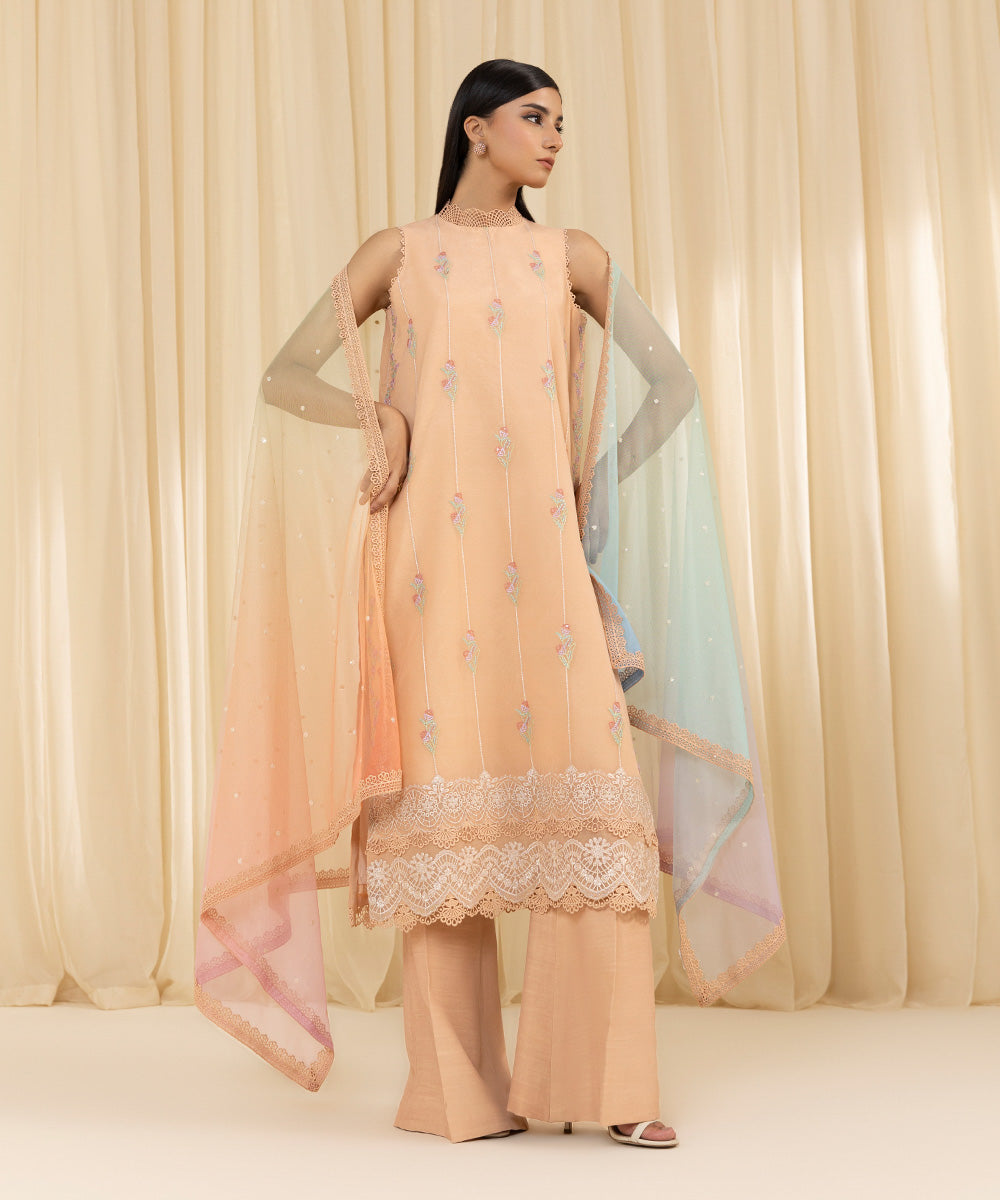 Women's Unstitched Embroidered Blended Organza Pink 3 Piece Suit