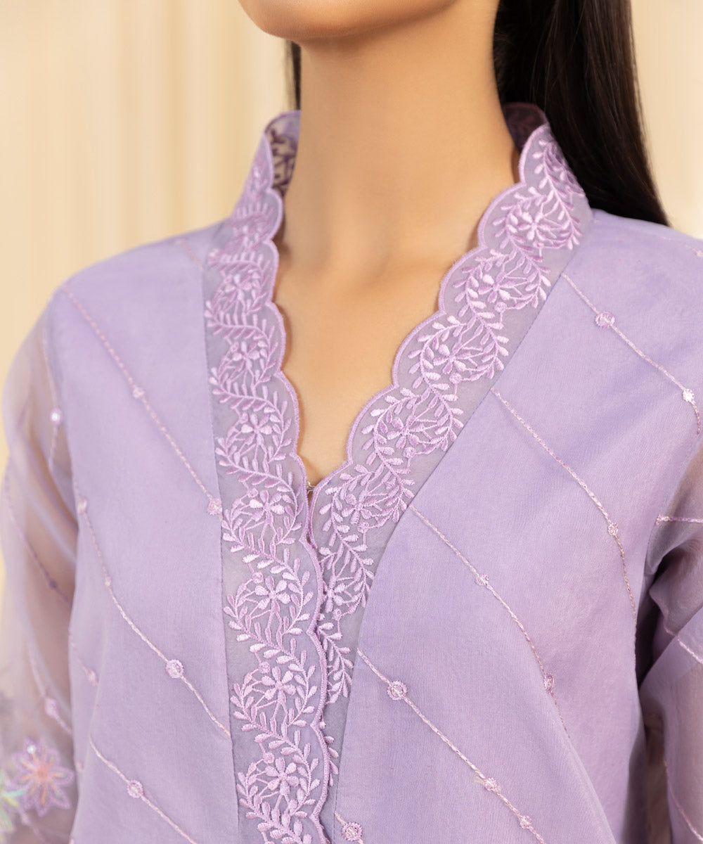 Women's Unstitched Embroidered Blended Organza Purple 3 Piece Suit