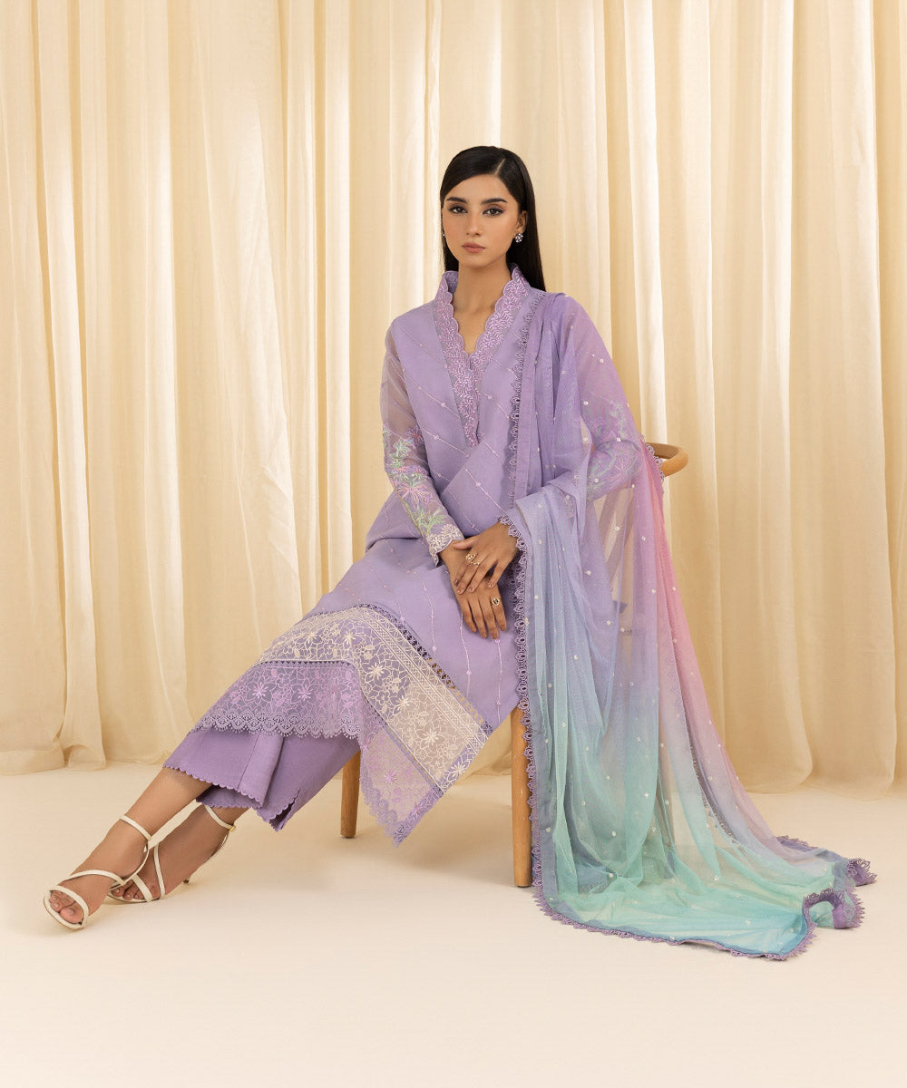 Women's Unstitched Embroidered Blended Organza Purple 3 Piece Suit