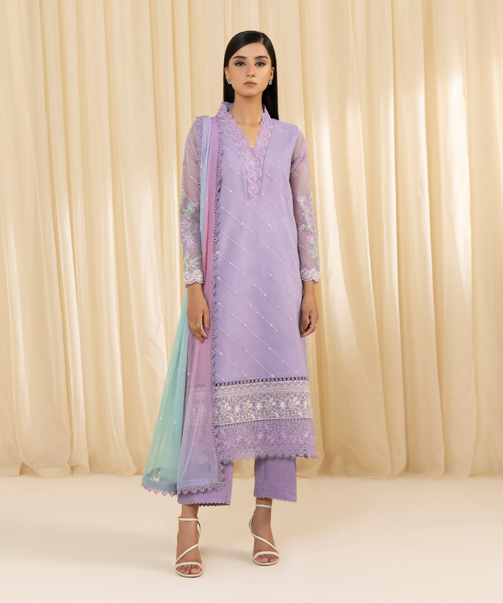 Women's Unstitched Embroidered Blended Organza Purple 3 Piece Suit