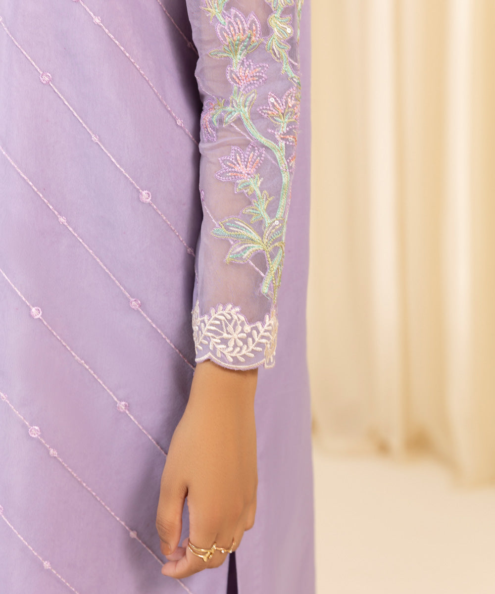 Women's Unstitched Embroidered Blended Organza Purple 3 Piece Suit