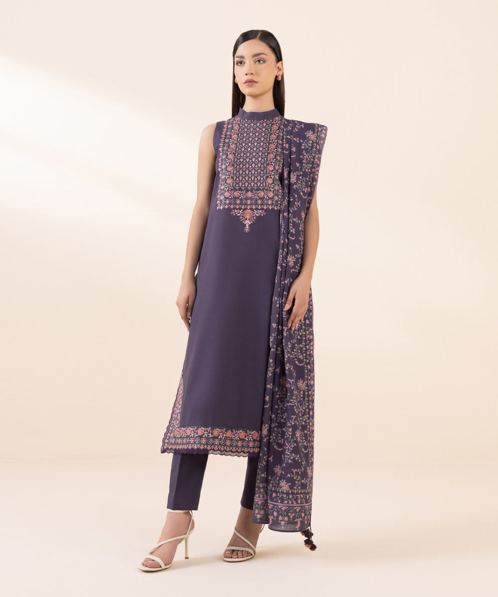 Women's Unstitched Light Khaddar Purple Embroidered 2 Piece Suit