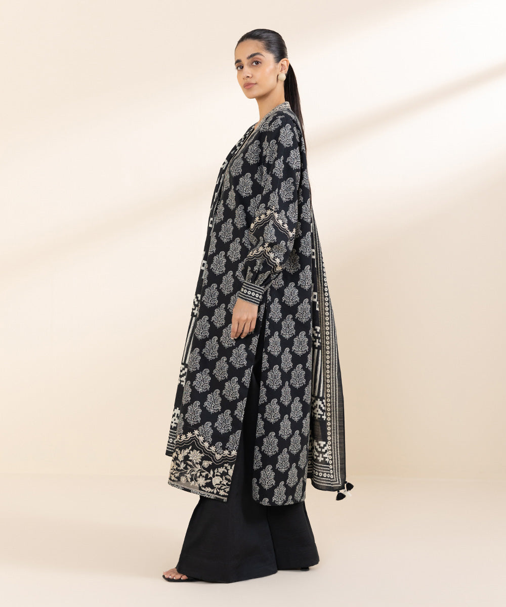 Women's Unstitched Khaddar Black Embroidered 2 Piece Suit 