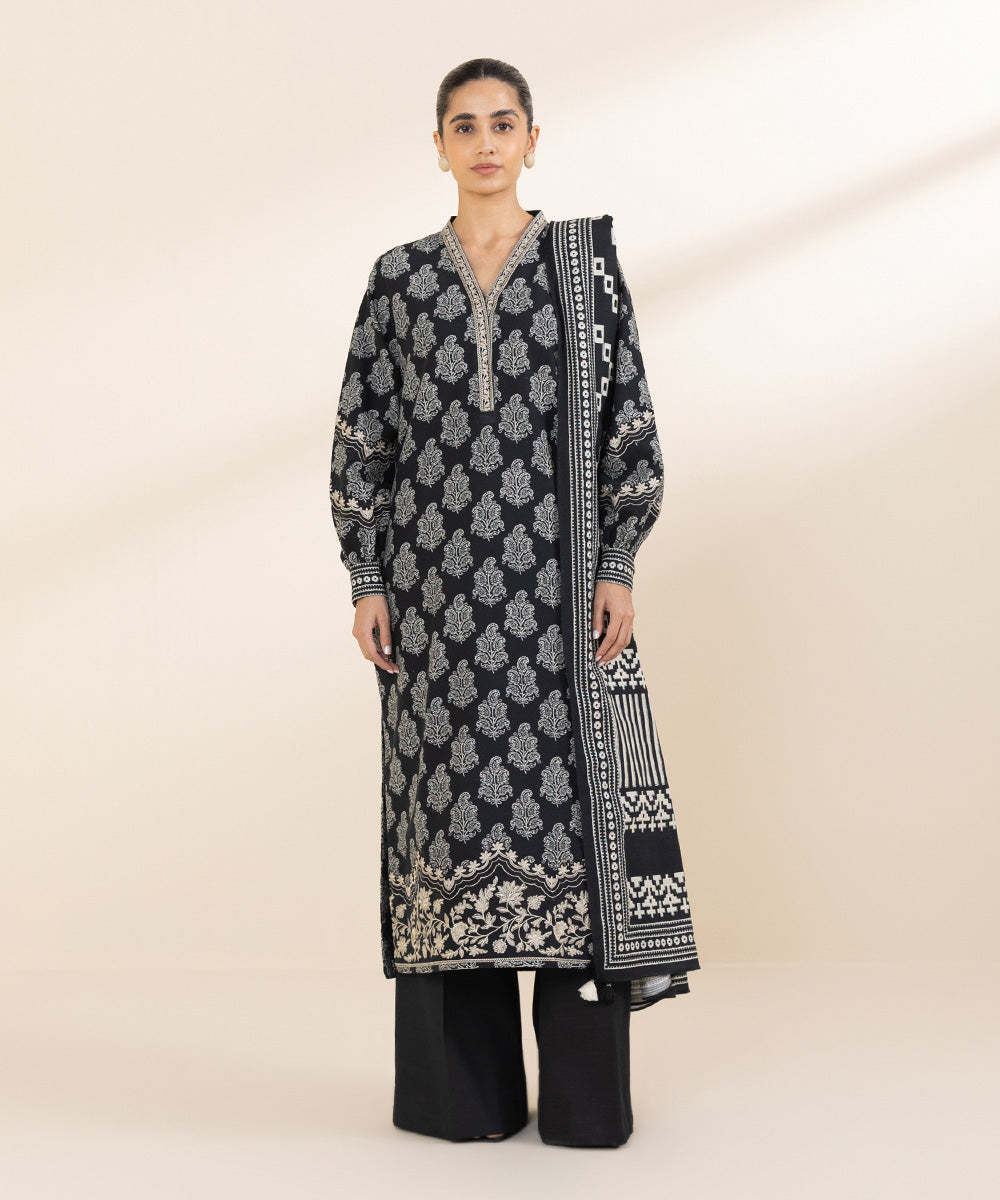 Women's Unstitched Khaddar Black Embroidered 2 Piece Suit 