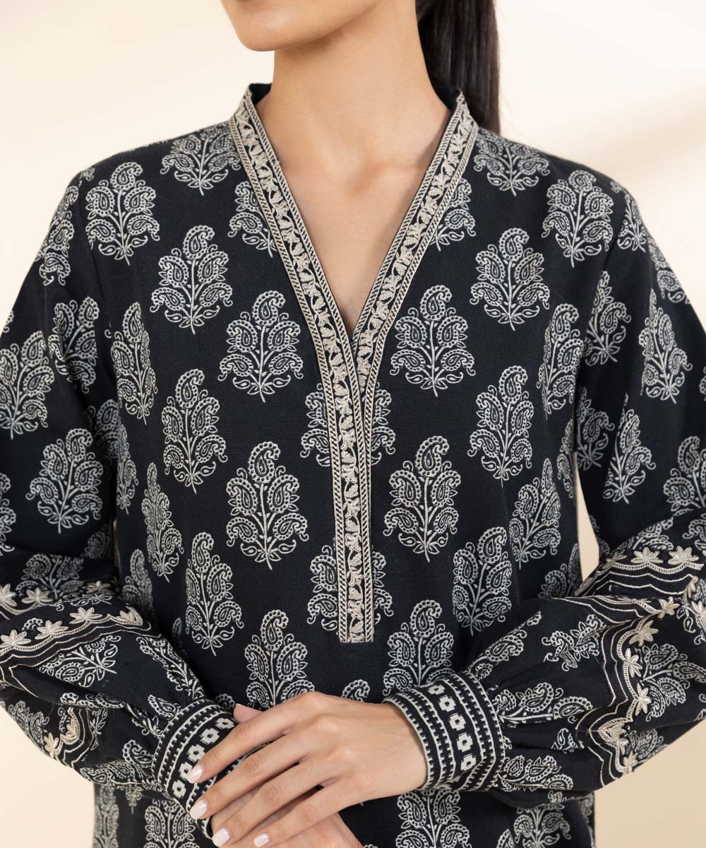 Women's Unstitched Khaddar Black Embroidered 2 Piece Suit 