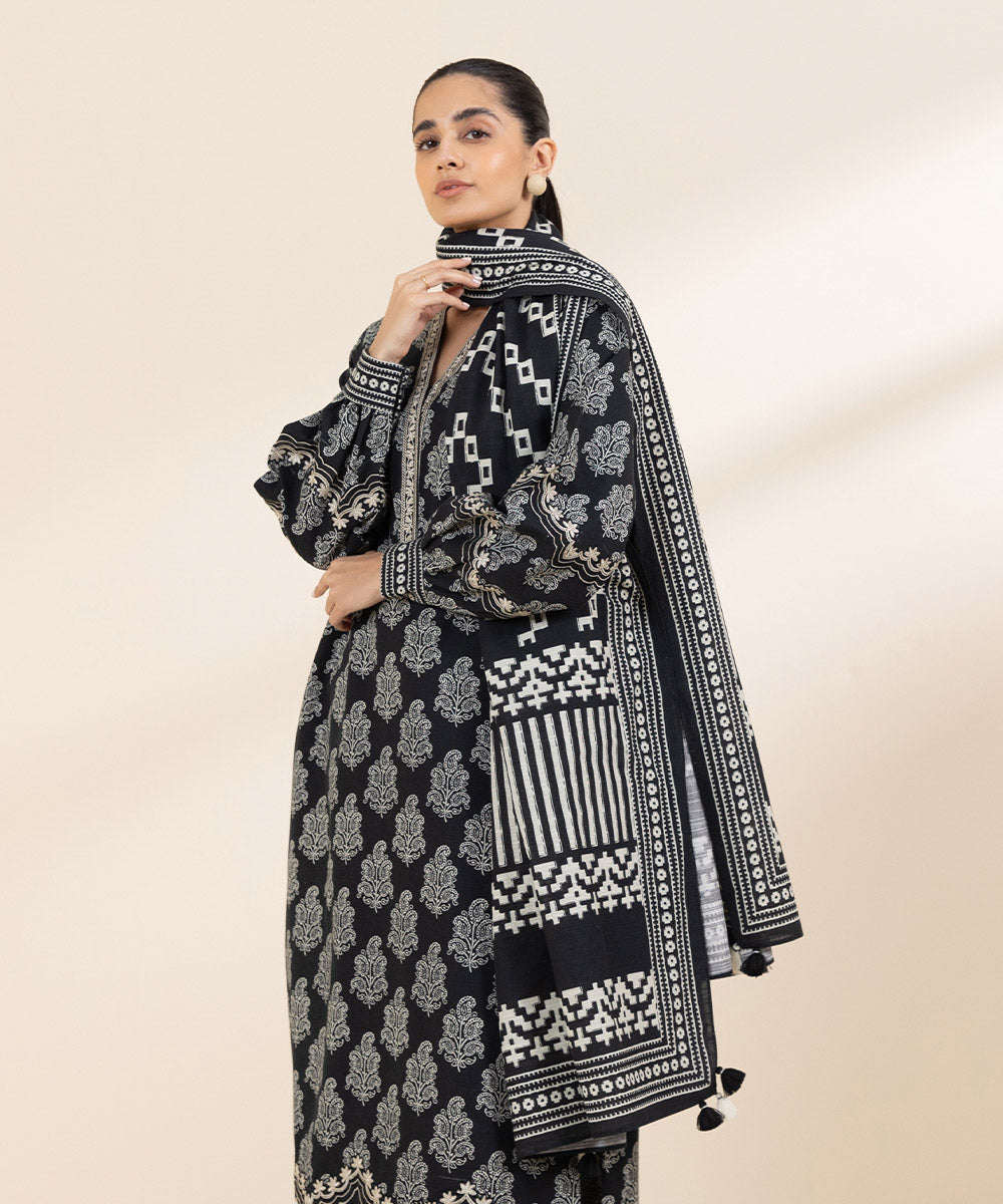 Women's Unstitched Khaddar Black Embroidered 2 Piece Suit 