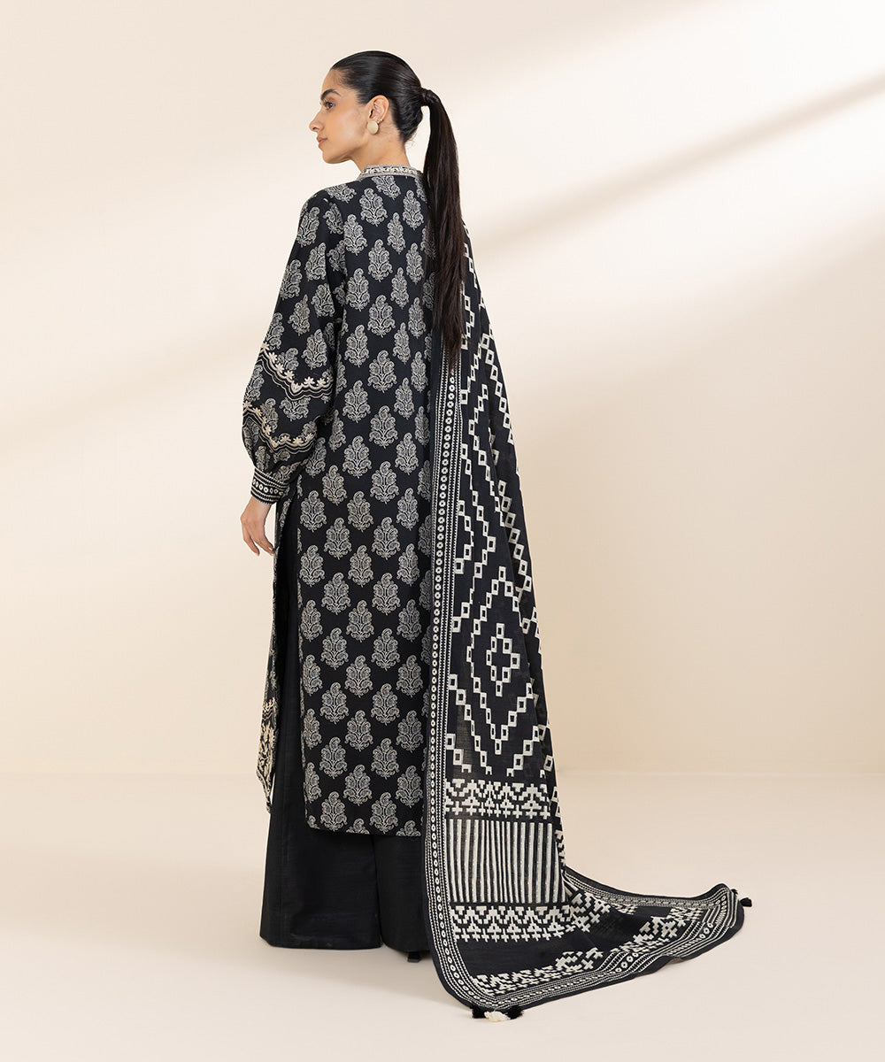 Women's Unstitched Khaddar Black Embroidered 2 Piece Suit 