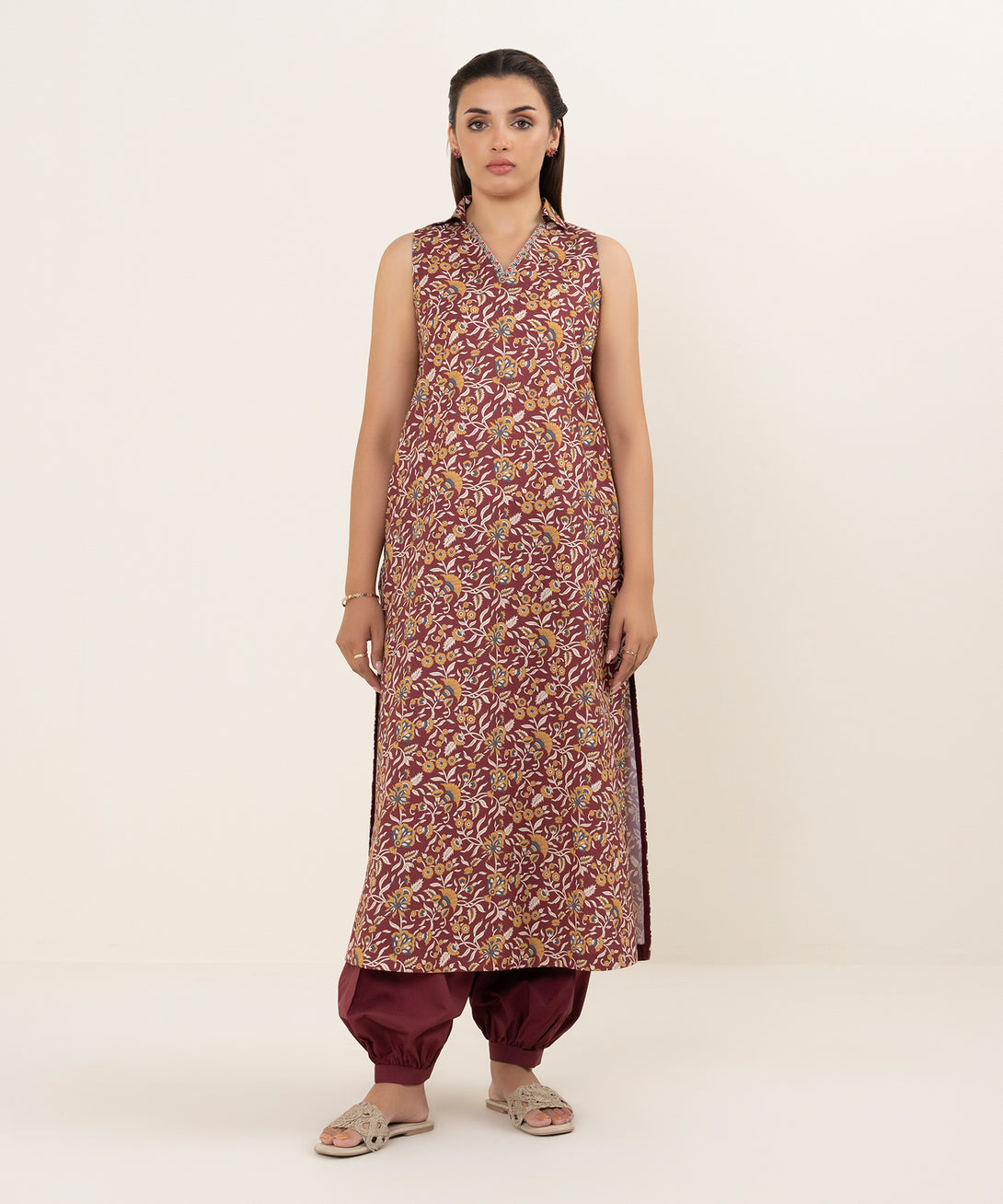 Women's Unstitched Lawn Printed Maroon 2 Piece Suit