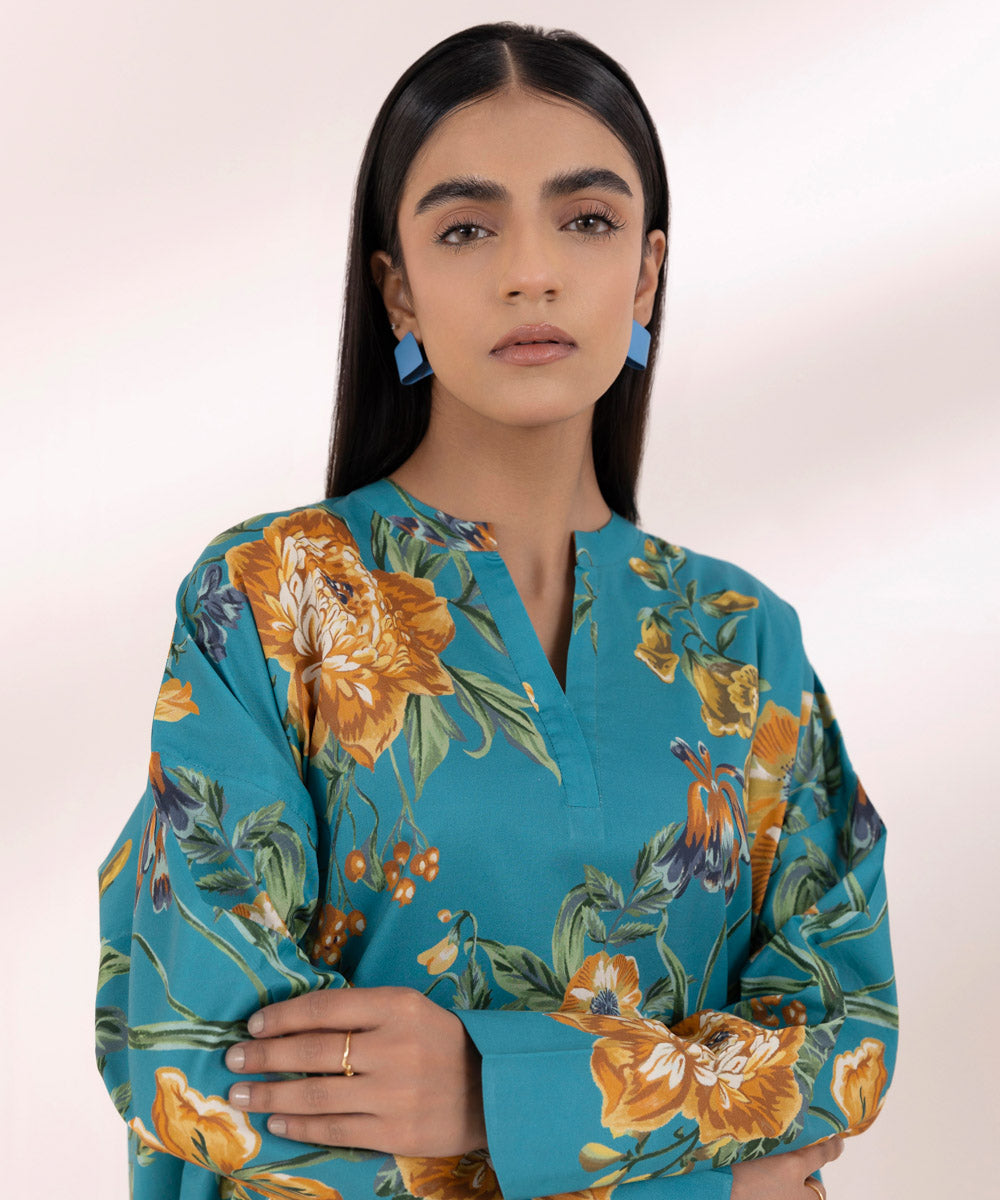 Women's Unstitched Lawn Blue Printed 2 Piece Suit