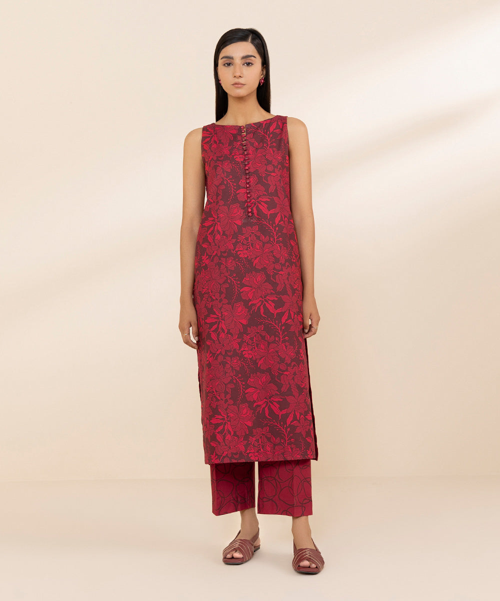 Women's Lawn Printed Red Unstitched 2 Piece Suit