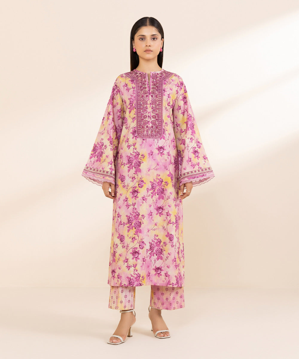 Women's Unstitched Embroidered Cotton Viscose Pink 2 Piece Suit