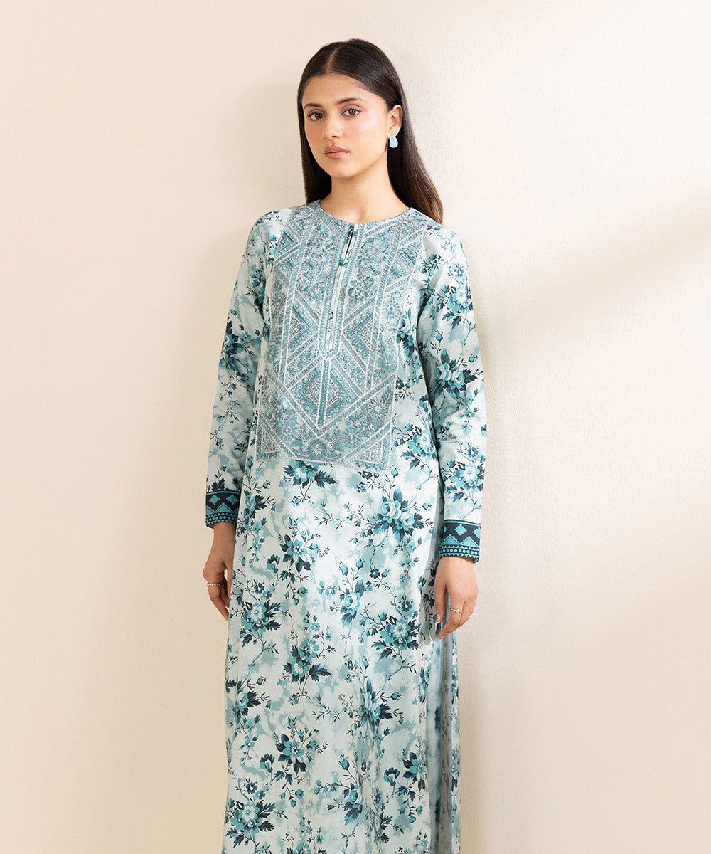 Women's Unstitched Embroidered Linen Blue 2 Piece Suit