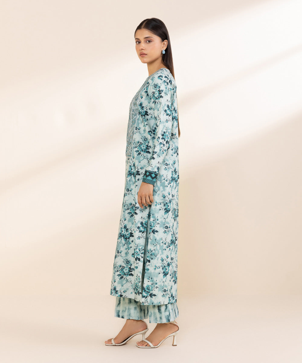 Women's Unstitched Embroidered Linen Blue 2 Piece Suit