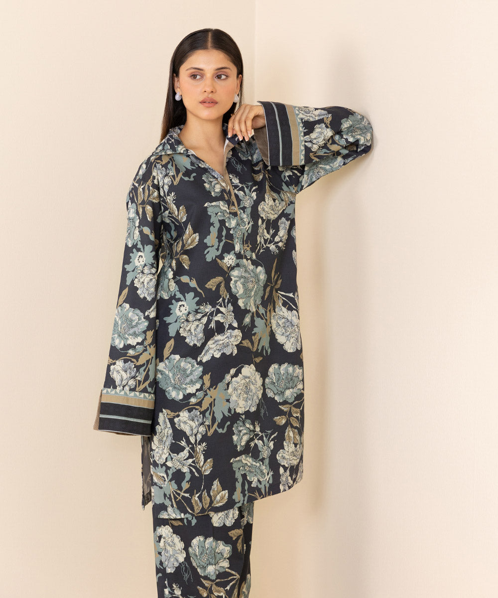 Women's Unstitched Printed Linen Blue 2 Piece Suit