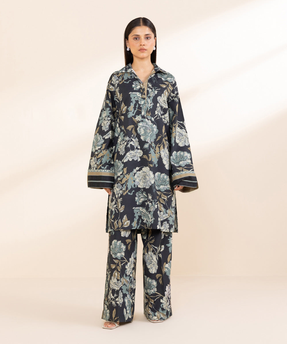 Women's Unstitched Printed Linen Blue 2 Piece Suit