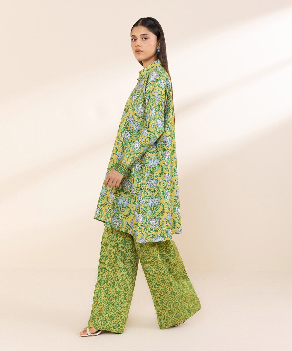 Women's Unstitched Printed Linen Green 2 Piece Suit