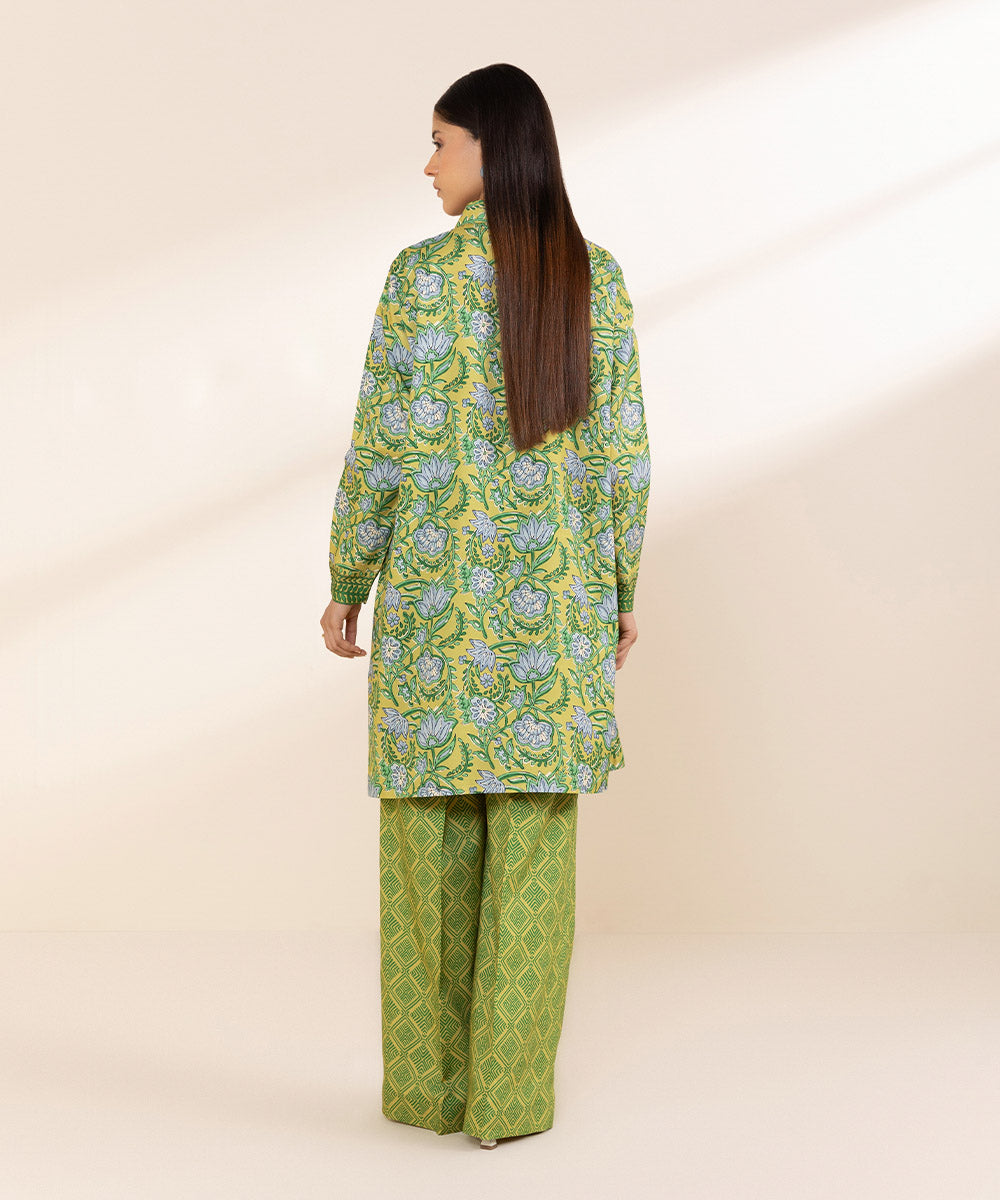 Women's Unstitched Printed Linen Green 2 Piece Suit