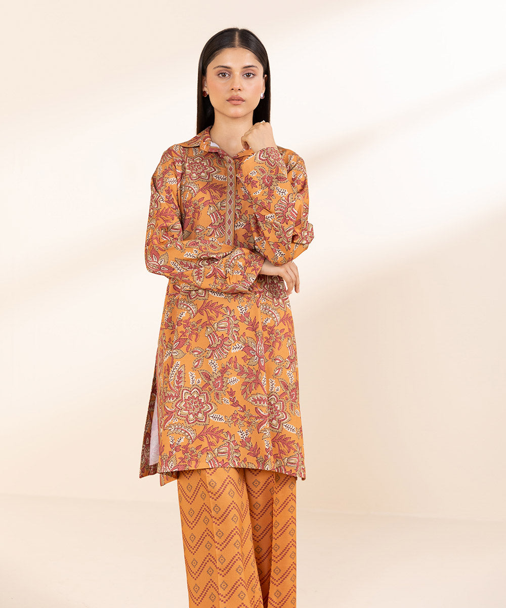 Women's Unstitched Printed Linen Orange 2 Piece Suit