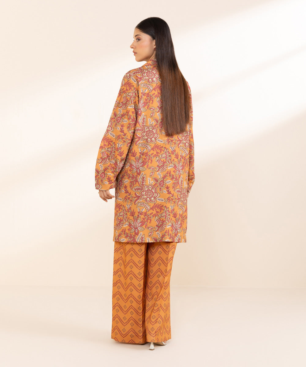 Women's Unstitched Printed Linen Orange 2 Piece Suit